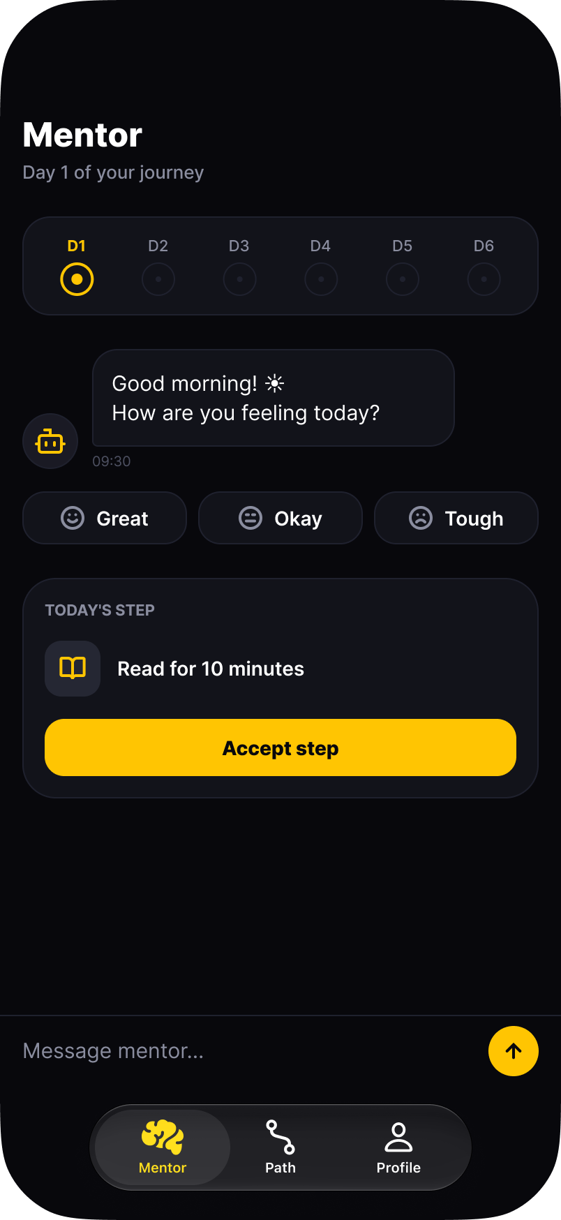 Mentbot daily check-in screen